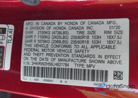 2020 Honda Cr-V Awd Ex из США, поврежденный, VIN 2HKRW2H56LH621784